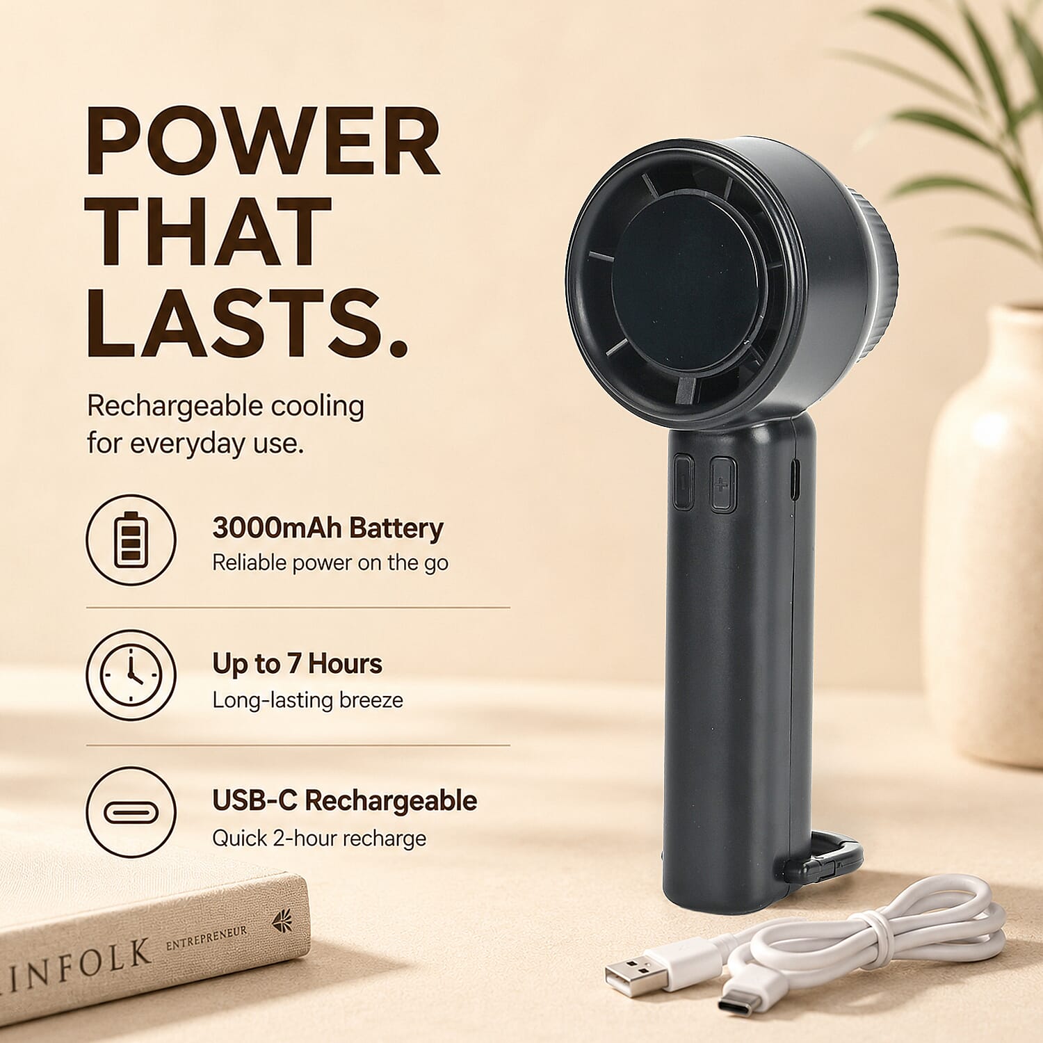 High Speed Handheld Fan with Digital Display - Portable USB-C Rechargeable Mini Fan - Black