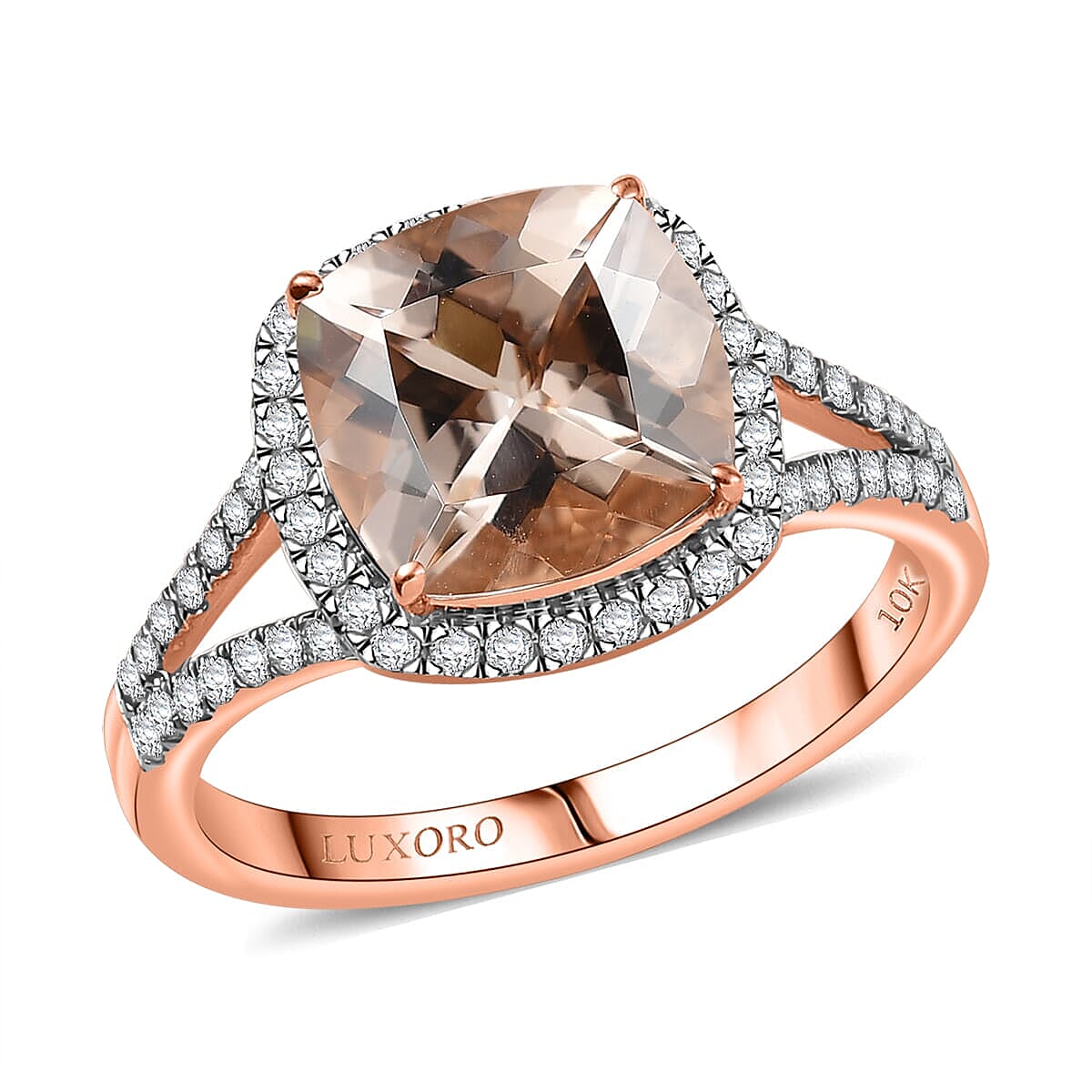 10K Rose Gold AAA Morganite, White Diamond I2 Main Stone With Side Stone Ring, Gold Wt.3.5 Gms  3.940  Ct.