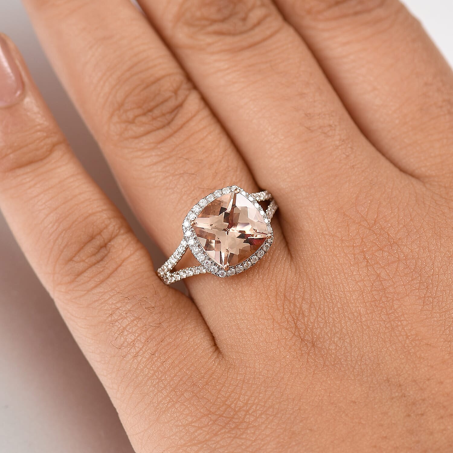 10K Rose Gold AAA Morganite, White Diamond I2 Main Stone With Side Stone Ring, Gold Wt.3.5 Gms  3.940  Ct.