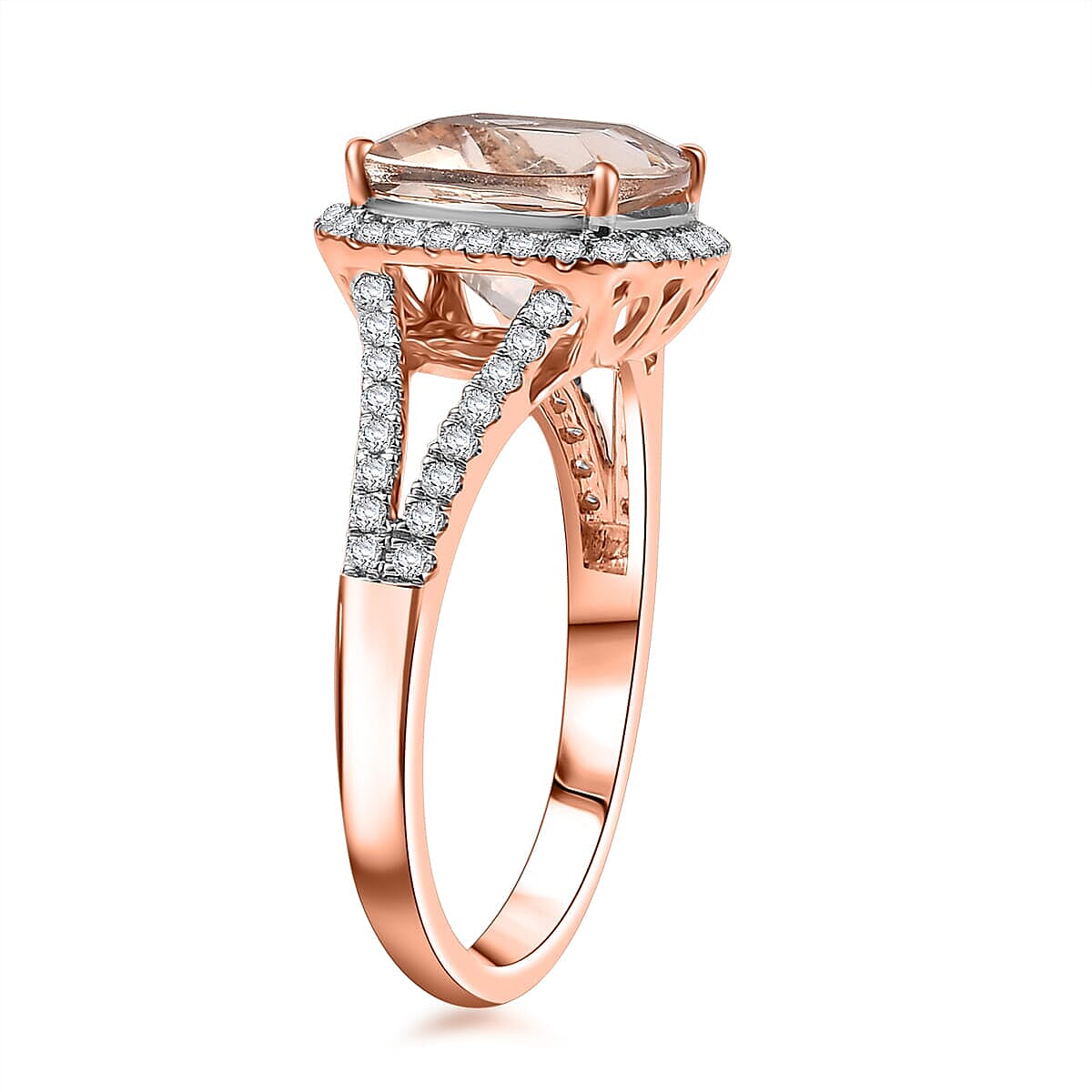 10K Rose Gold AAA Morganite, White Diamond I2 Main Stone With Side Stone Ring, Gold Wt.3.5 Gms  3.940  Ct.