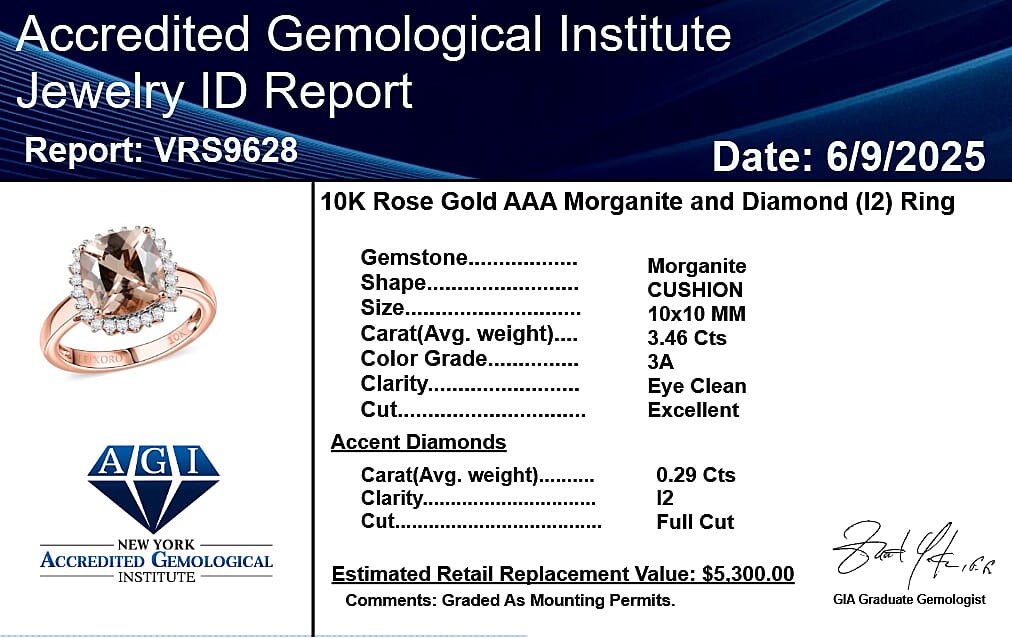 10K Rose Gold AAA Morganite, White Diamond I2 Solitaire Ring, Gold Wt.3.5 Gms  3.748  Ct.