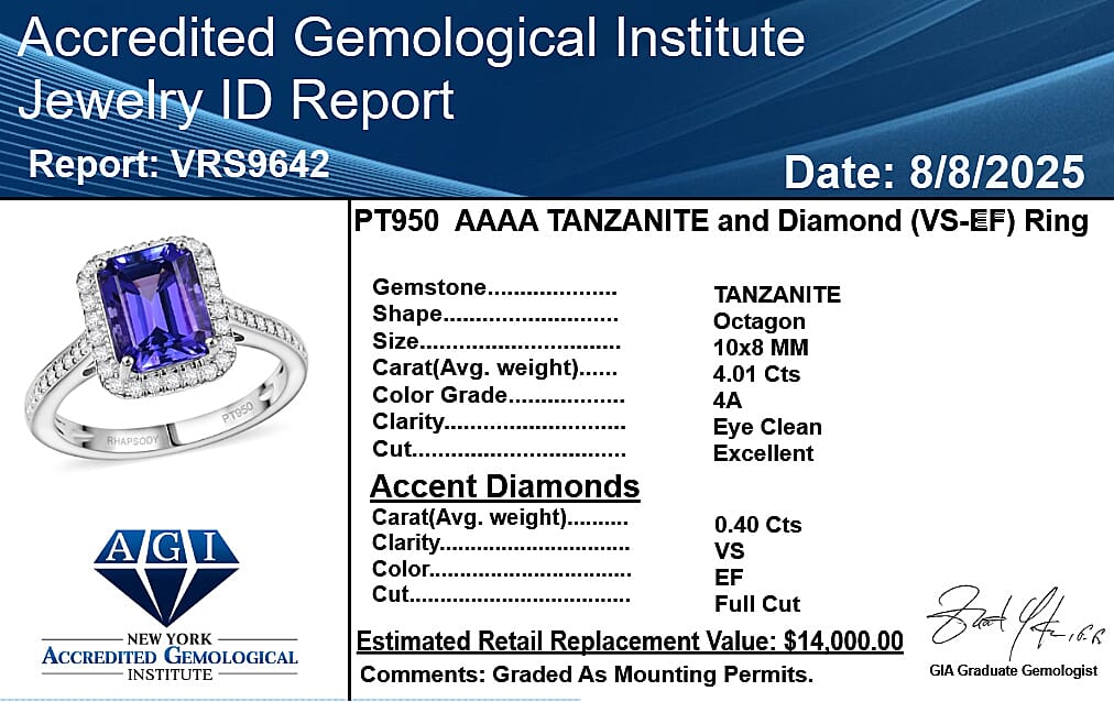 950 Platinum AAAA Tanzanite White Diamond VS-EF Solitaire Ring, Platinum Wt.6 Gms  4.414  Ct.