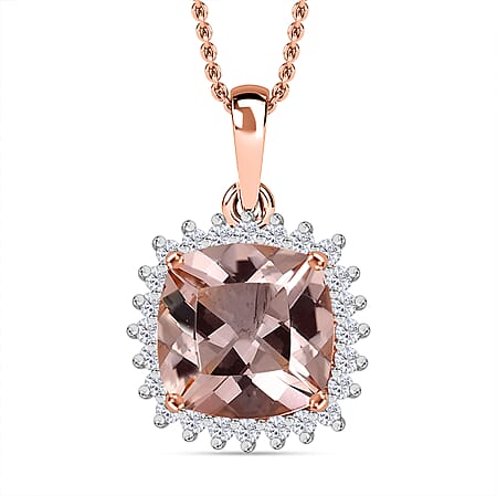 Appraised and Certified LUXORO 10K Rose Gold AAA Morganite, White Diamond Halo Pendant, 4.14 Ct.