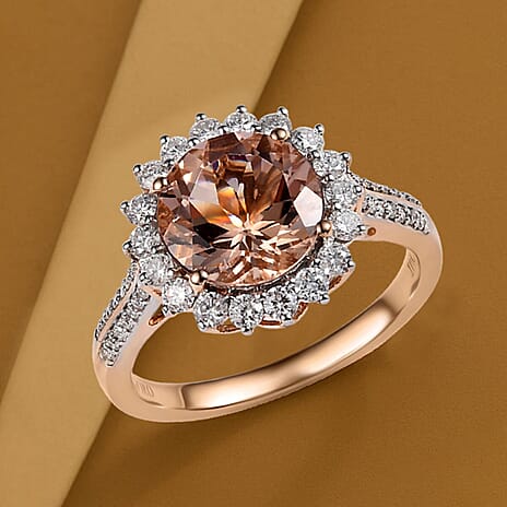 10K Rose Gold AAA Morganite, White Diamond I2 Main Stone With Side Stone Ring, Gold Wt.3.5 Gms  4.088  Ct.