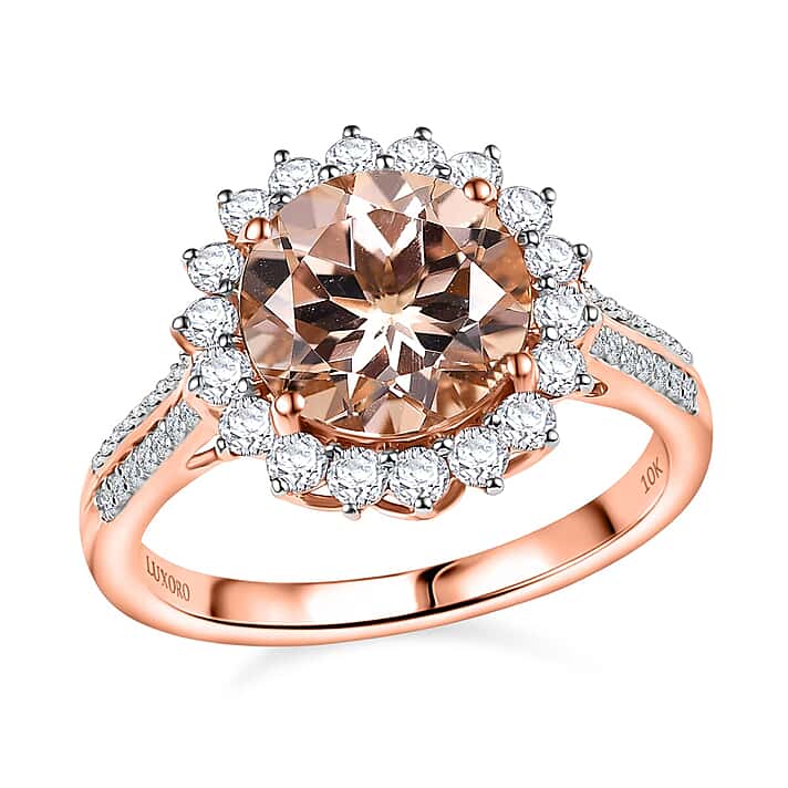 Certified & Appraised LUXORO 10K Rose Gold AAA Morganite, White Diamond I2 Halo Ring, 4.08 Ct.