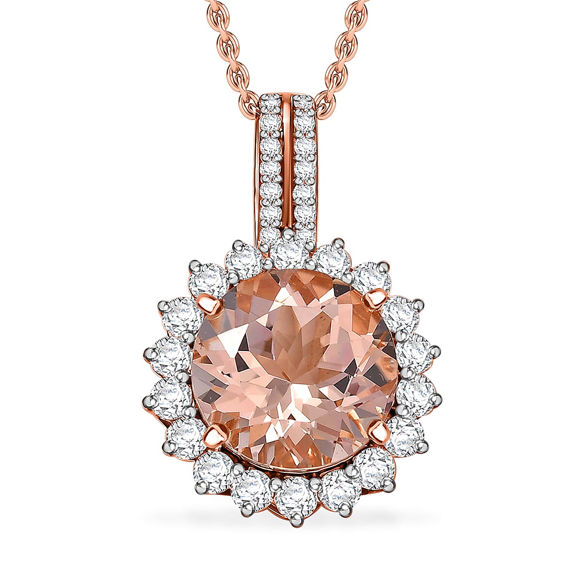 10K Rose Gold AAA Morganite, White Diamond I2 Main Stone With Side Stone Pendant, Gold Wt.2 Gms  3.850  Ct.