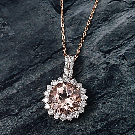 10K Rose Gold AAA Morganite, White Diamond I2 Main Stone With Side Stone Pendant, Gold Wt.2 Gms  3.850  Ct.