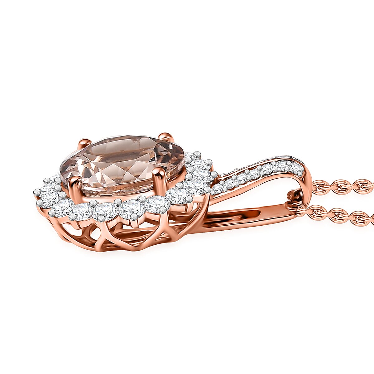 10K Rose Gold AAA Morganite, White Diamond I2 Main Stone With Side Stone Pendant, Gold Wt.2 Gms  3.850  Ct.
