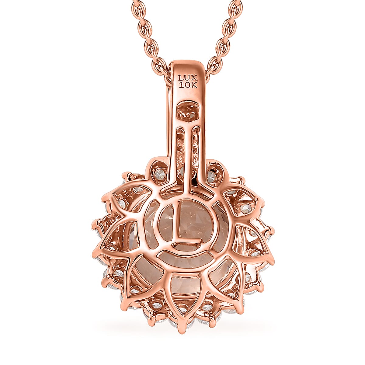 10K Rose Gold AAA Morganite, White Diamond I2 Main Stone With Side Stone Pendant, Gold Wt.2 Gms  3.850  Ct.