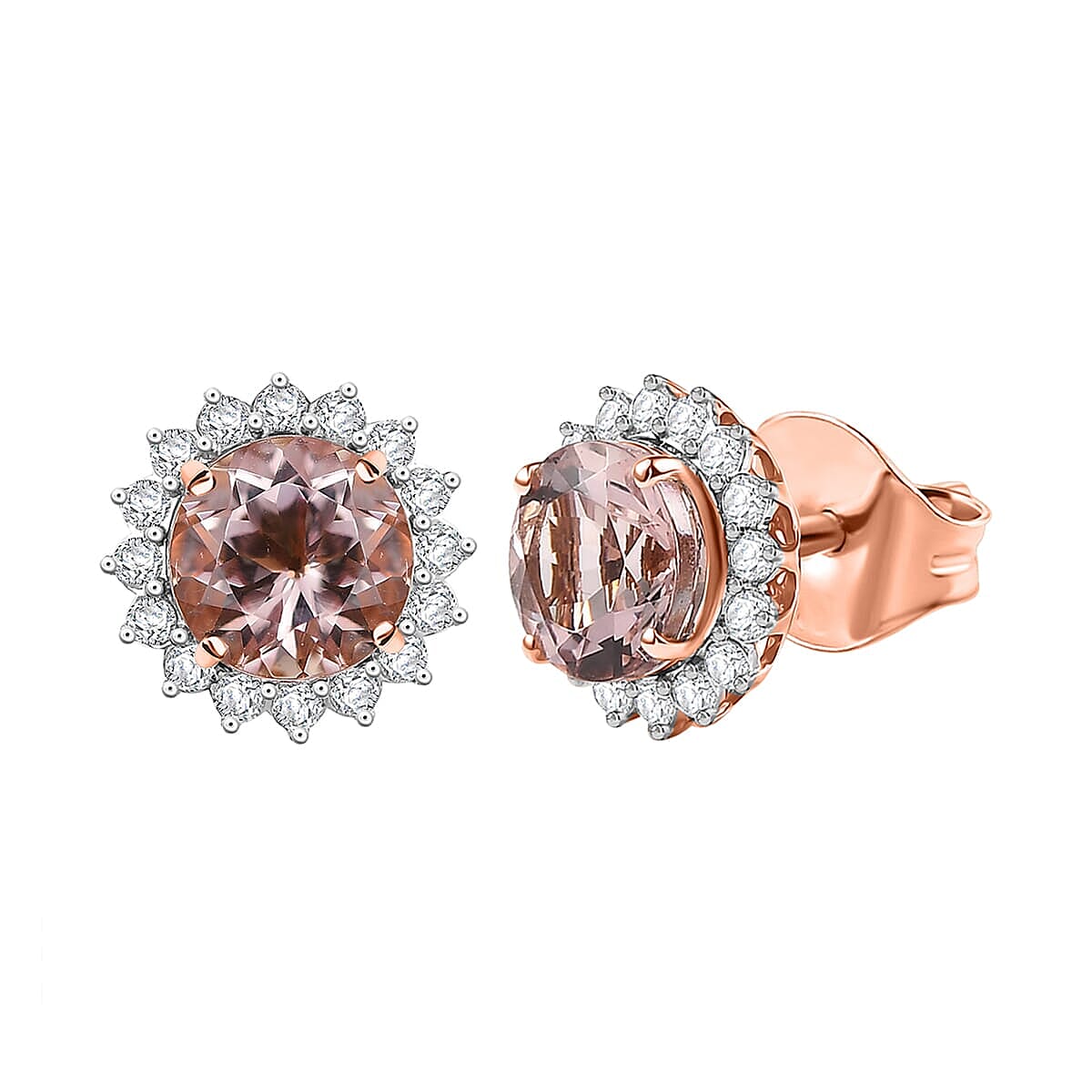 10K Rose Gold AAA Morganite, White Diamond I2 Solitaire Stud Push Post Earring, Gold Wt.1.82 Gms  3.222  Ct.