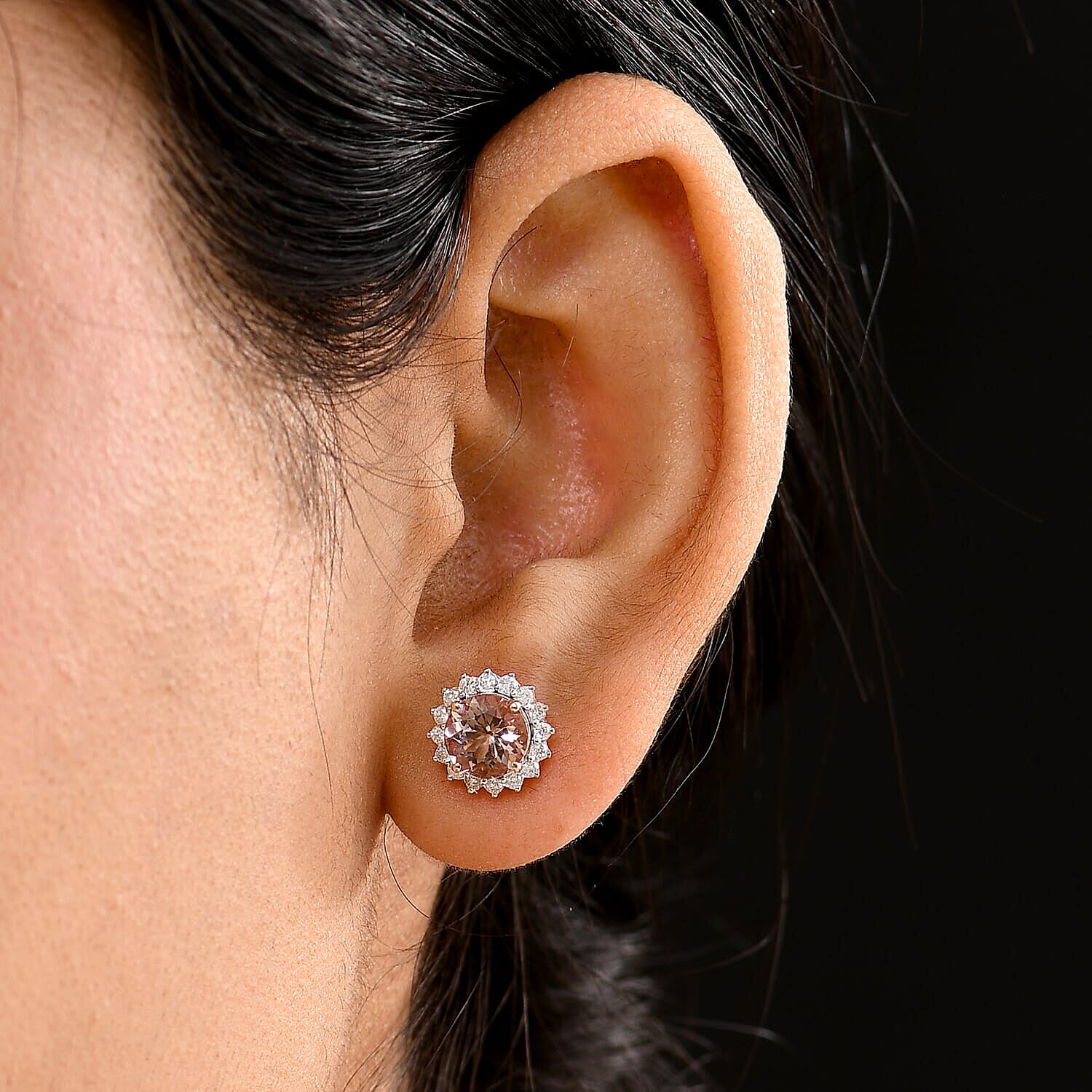10K Rose Gold AAA Morganite, White Diamond I2 Solitaire Stud Push Post Earring, Gold Wt.1.82 Gms  3.222  Ct.