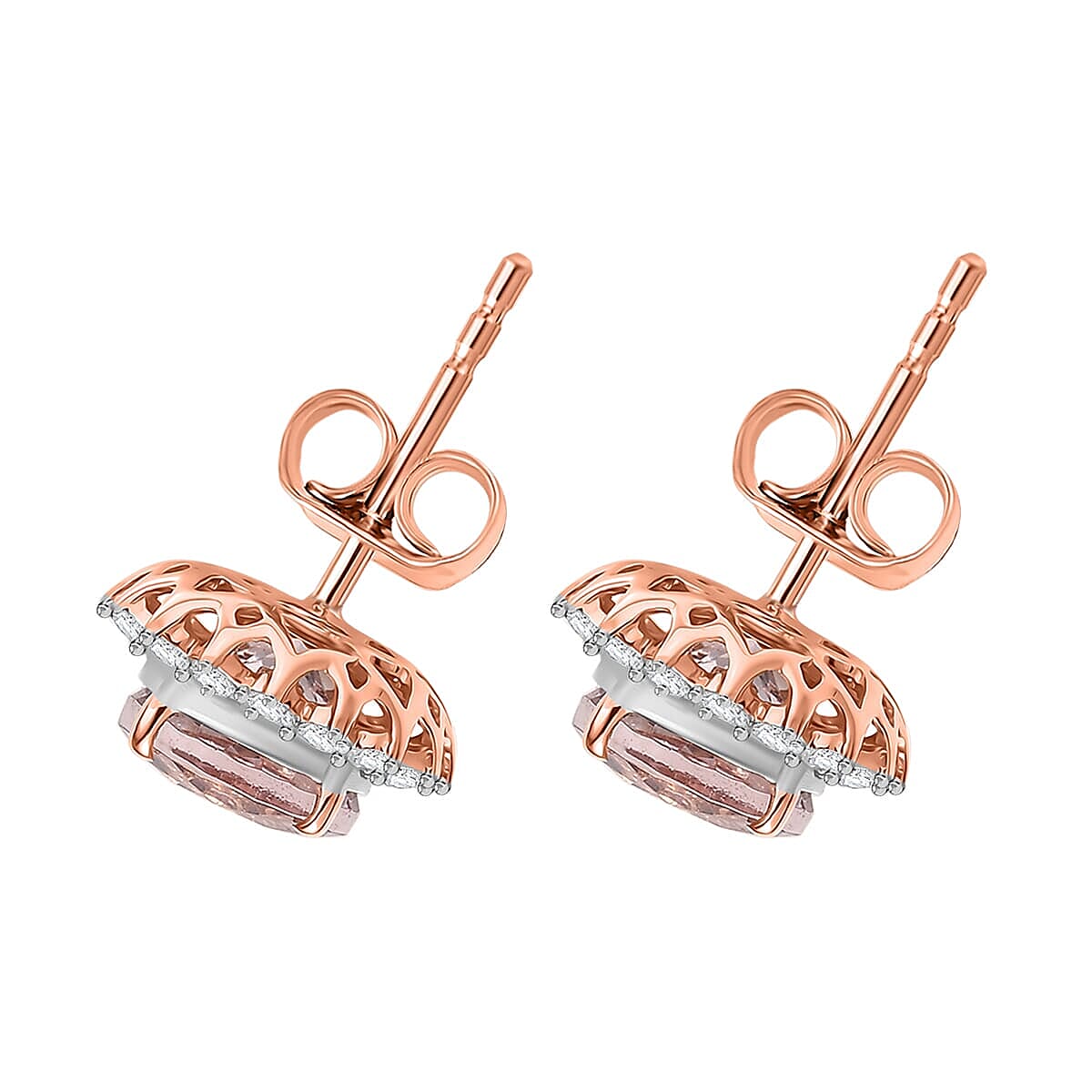 10K Rose Gold AAA Morganite, White Diamond I2 Solitaire Stud Push Post Earring, Gold Wt.1.82 Gms  3.222  Ct.