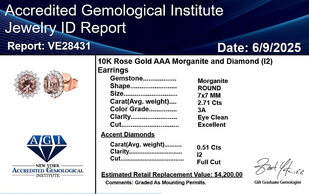 10K Rose Gold AAA Morganite, White Diamond I2 Solitaire Stud Push Post Earring, Gold Wt.1.82 Gms  3.222  Ct.