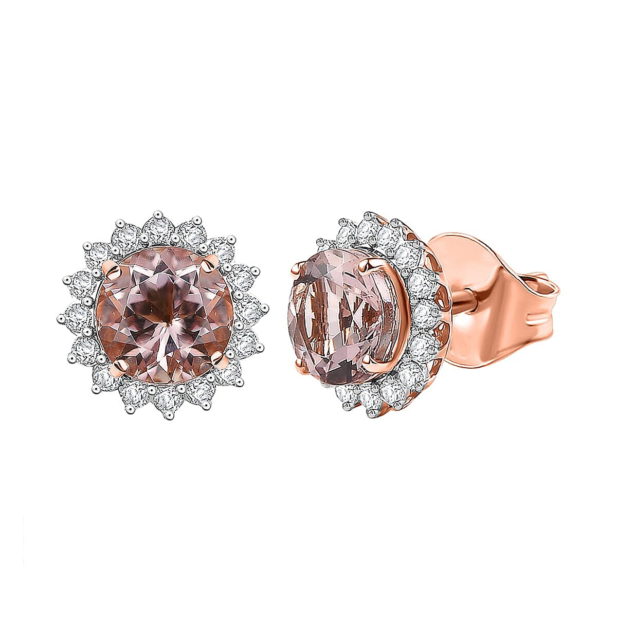 10K Rose Gold AAA Morganite & White Diamond Stud Push Post Earring 3.22 Ct.
