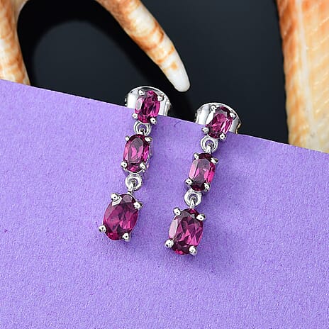Radiant Ember Garnet Dangling Earring with Push Back in Rhodium Overlay Sterling Silver 2.27 Ct.