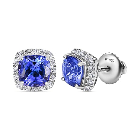 950 Platinum AAAA Tanzanite White Diamond VS-EF Solitaire Stud Push Post Earring, Platinum Wt.3.63 Gms  2.800  Ct.