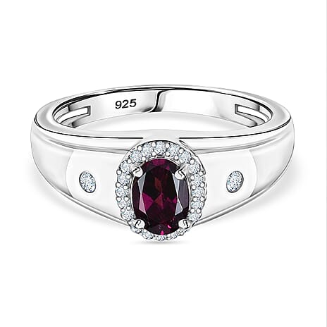 Radiant Ember Garnet & White Zircon Mens Ring in Rhodium Overlay Sterling Silver 1.25 Ct.