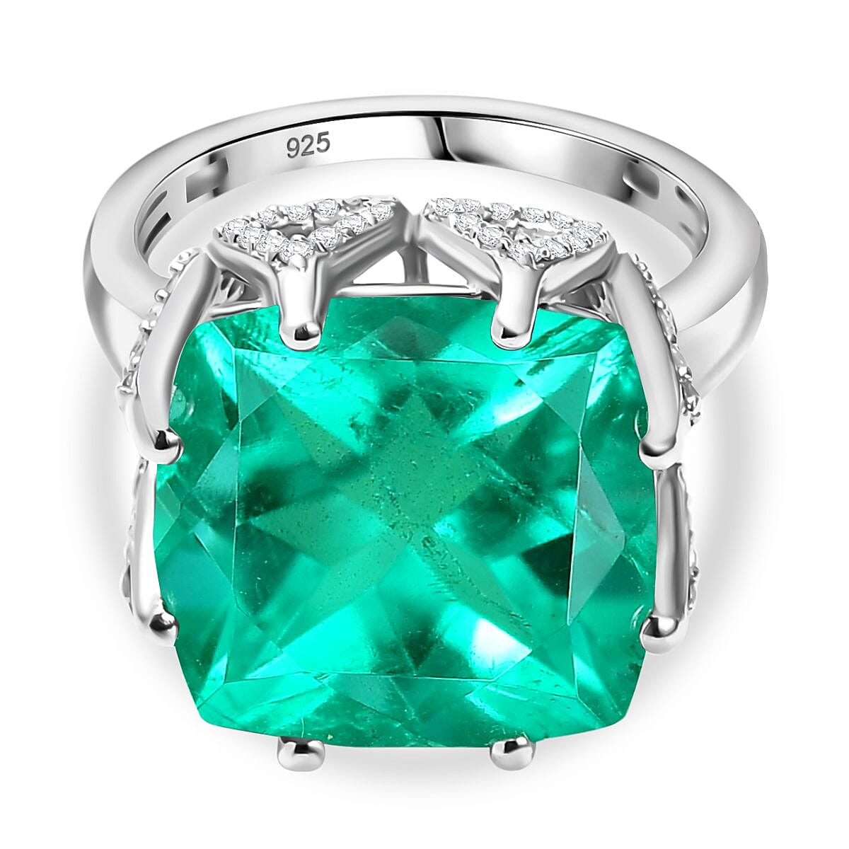 Emeraldine Triplet Quartz & White Zircon Solitaire Ring in Rhodium Overlay Sterling Silver 12.57 Ct.