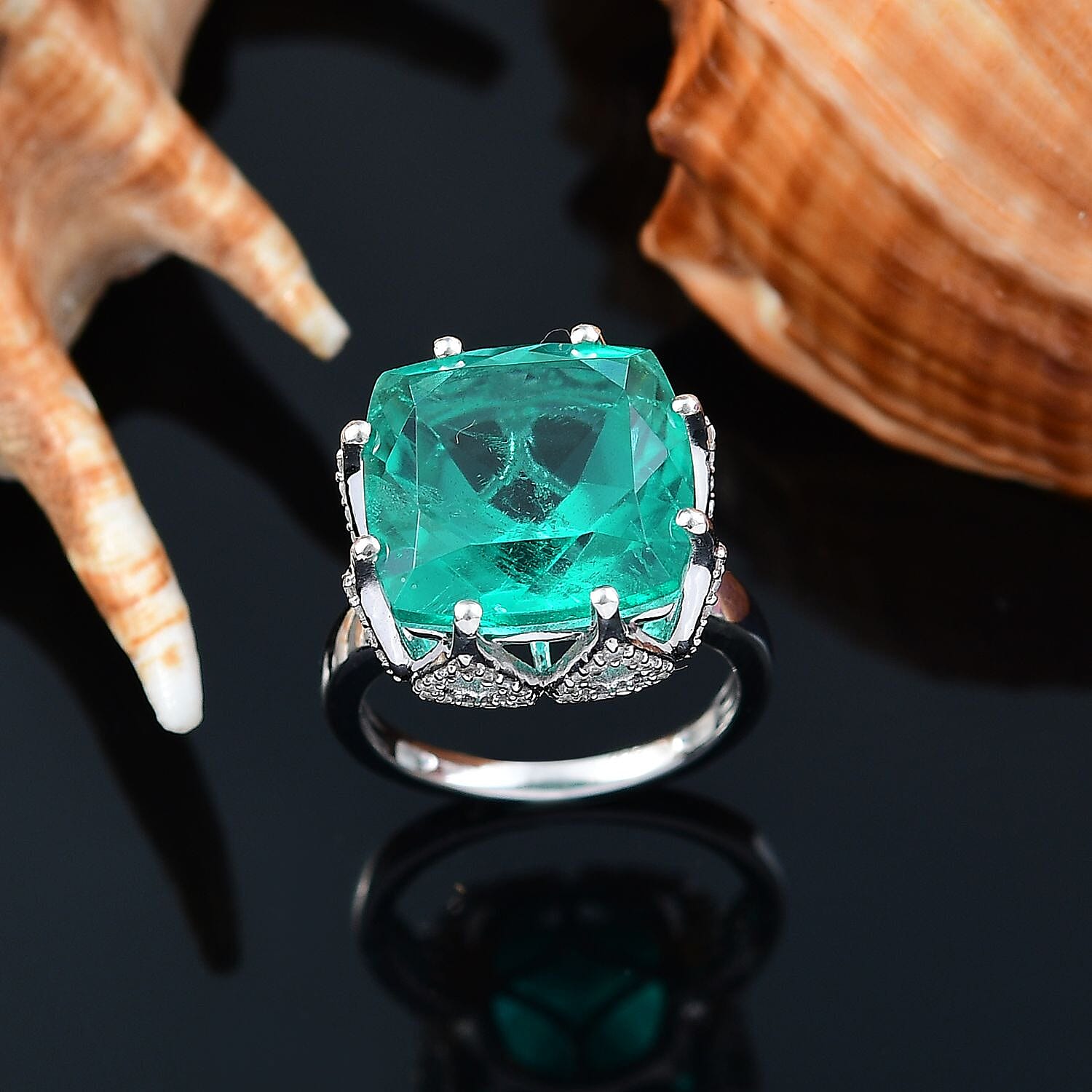 Emeraldine Triplet Quartz & White Zircon Solitaire Ring in Rhodium Overlay Sterling Silver 12.57 Ct.