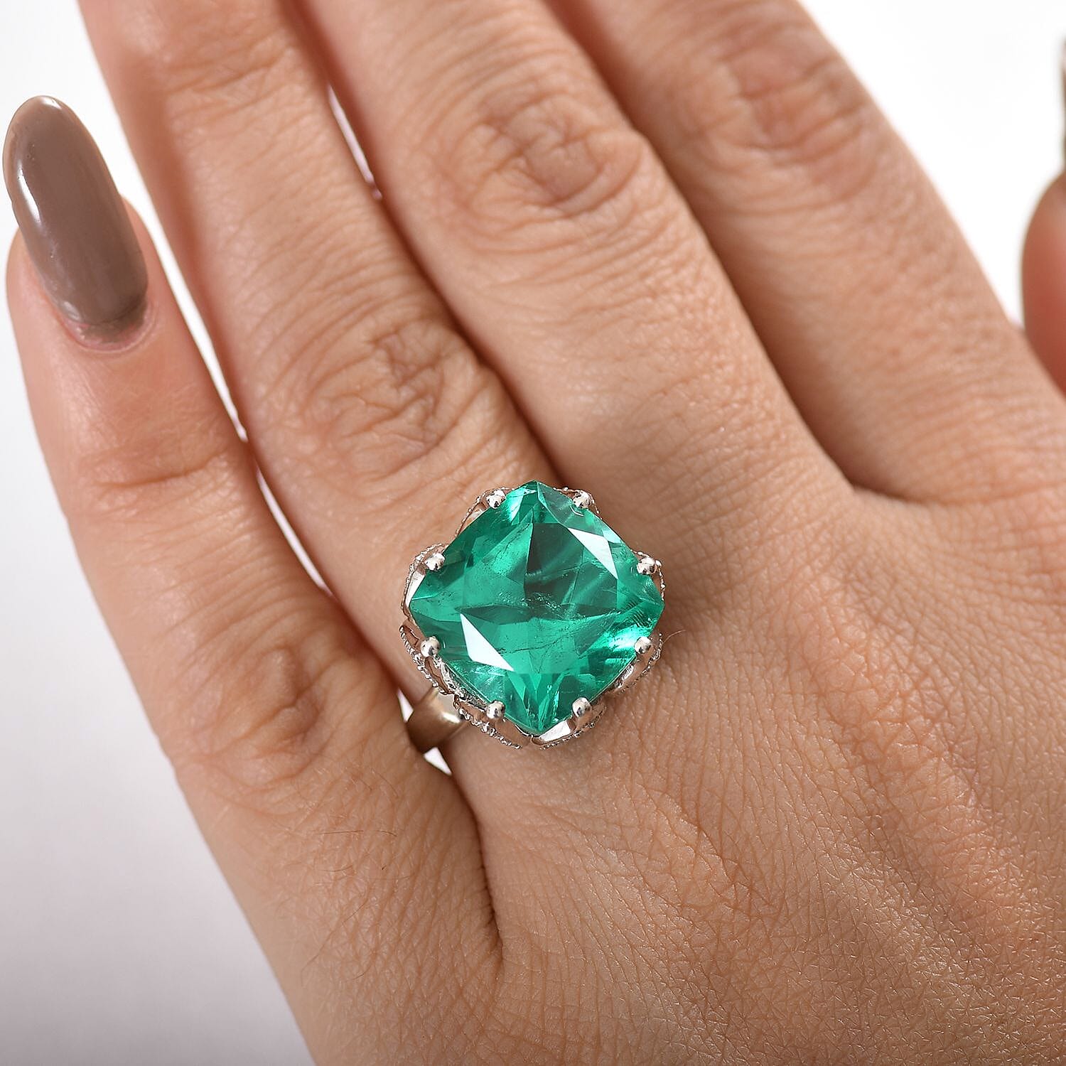 Emeraldine Triplet Quartz & White Zircon Solitaire Ring in Rhodium Overlay Sterling Silver 12.57 Ct.