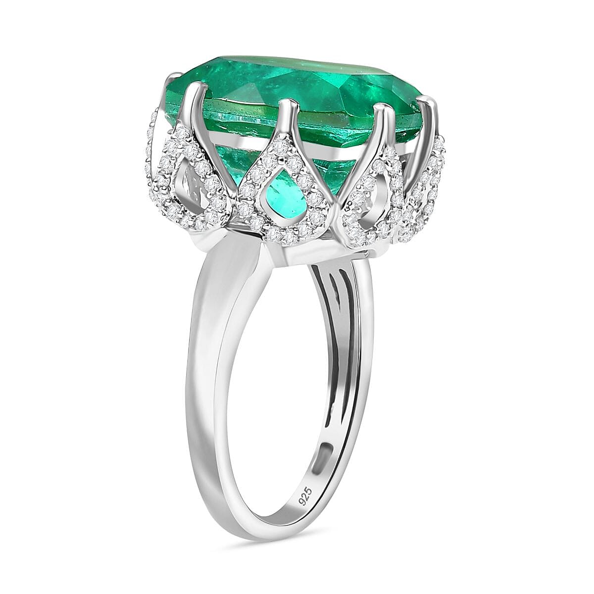 Emeraldine Triplet Quartz & White Zircon Solitaire Ring in Rhodium Overlay Sterling Silver 12.57 Ct.
