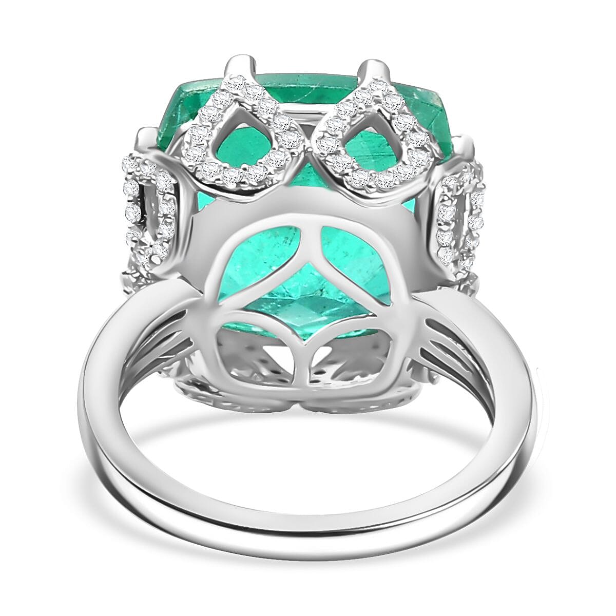 Emeraldine Triplet Quartz & White Zircon Solitaire Ring in Rhodium Overlay Sterling Silver 12.57 Ct.