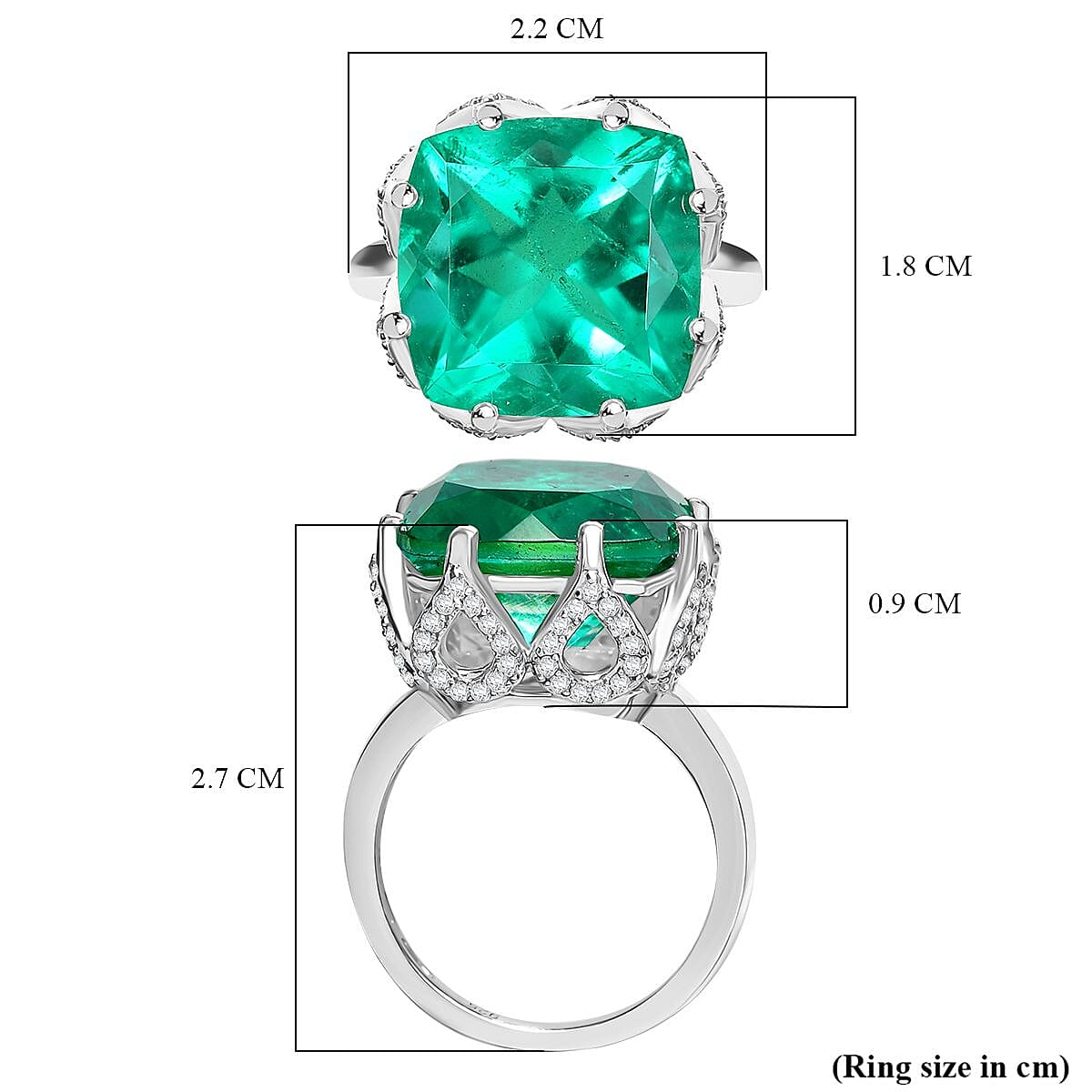 Emeraldine Triplet Quartz & White Zircon Solitaire Ring in Rhodium Overlay Sterling Silver 12.57 Ct.