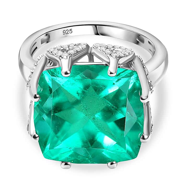 Emeraldine Triplet Quartz & White Zircon Solitaire Ring in Rhodium Overlay Sterling Silver 12.57 Ct.