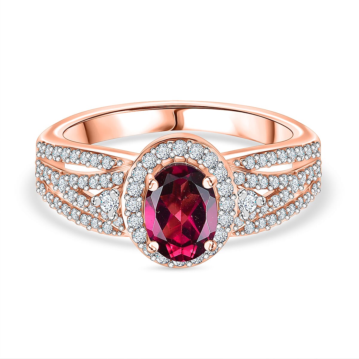 Radiant Ember Garnet, White Zircon Halo Ring in 18K Vermeil Rose Gold Plated Sterling Silver 1.62 Ct.