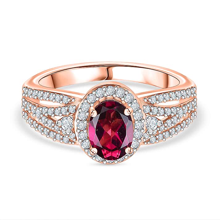 Radiant Ember Garnet, White Zircon Halo Ring in 18K Vermeil Rose Gold Plated Sterling Silver 1.62 Ct.