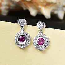 Radiant Ember Garnet, White Zircon Dangling Halo Earring with Push Back in Rhodium Overlay Sterling Silver 1.34 Ct.