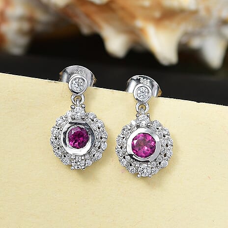 Radiant Ember Garnet & White Zircon Dangling Earring with Push Back in Rhodium Overlay Sterling Silver 1.34 Ct.