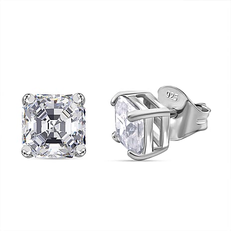 White Zircon Push Back Earring in Rhodium Overlay Sterling Silver 2.00 Ct.