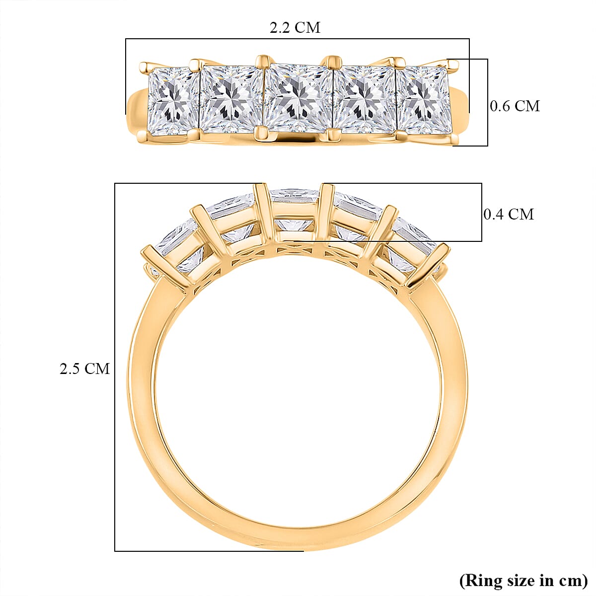 RADIANTA Premium D Colour (VVS1-D) Moissanite GRA Certified 5 Stone Ring in 18K Vermeil Yellow Gold Plated Sterling Silver 2.00 Ct.