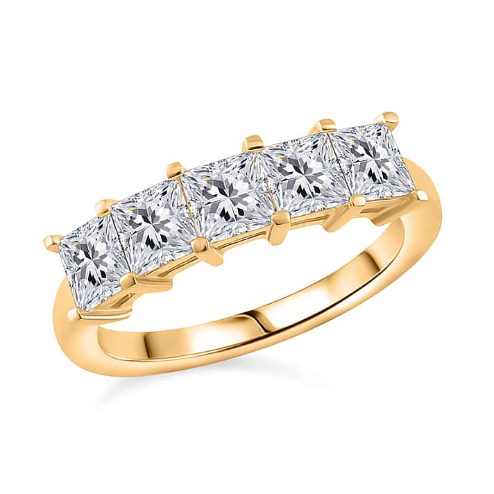 RADIANTA GRA Certified Moissanite 5 Stone Ring in 18K Vermeil Yellow Gold Plated Sterling Silver 2.00 Ct.