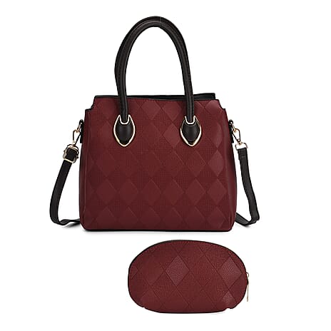 Embossed Rhomboid Handbag with Detachable Shoulder Strap - Coin Bag - Burgundy
