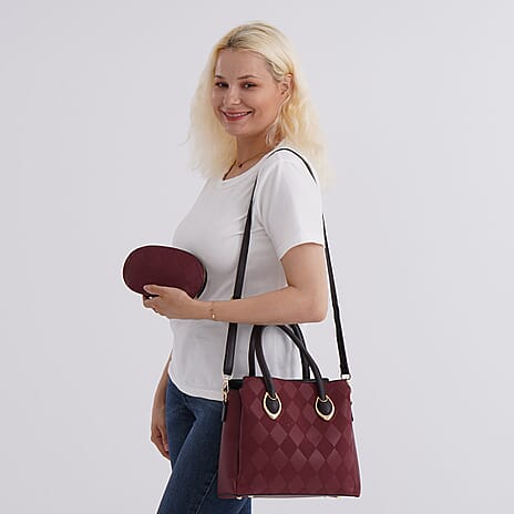 Embossed Rhomboid Handbag with Detachable Shoulder Strap - Coin Bag - Burgundy