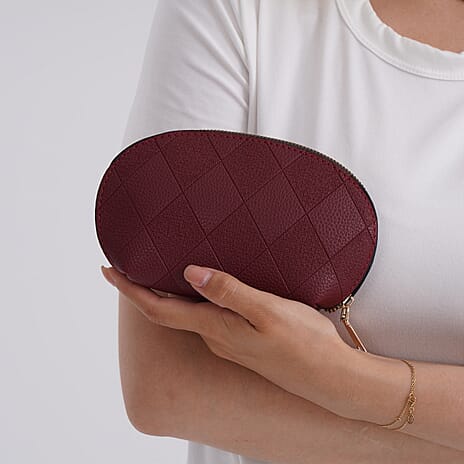 Embossed Rhomboid Handbag with Detachable Shoulder Strap - Coin Bag - Burgundy