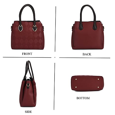 Embossed Rhomboid Handbag with Detachable Shoulder Strap - Coin Bag - Burgundy