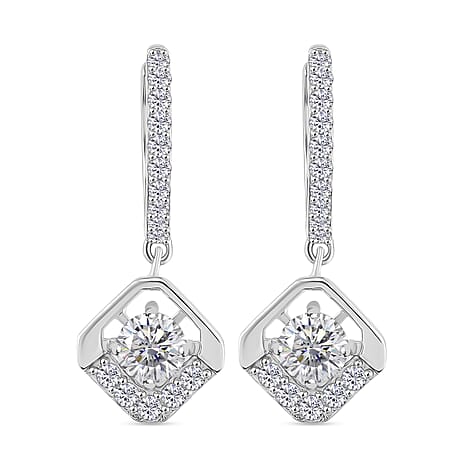 RADIANTA Premium Moissanite - GRA Certified Dangling Earring with Hoop in Rhodium Overlay Sterling Silver 1.50 Ct.