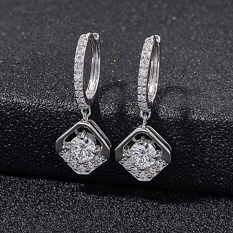 Premium Moissanite - GRA Certified Dangling Earring with Hoop in Rhodium Overlay Sterling Silver 1.50 Ct.