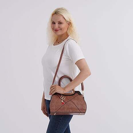 Leatherette Crossbody Bag with Four-Leaf Clover Hanging - Pink Mocha