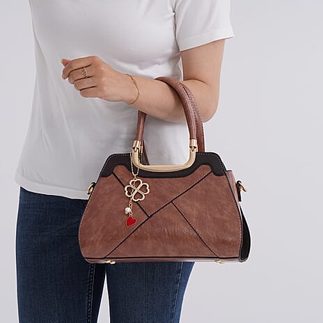 Leatherette Crossbody Bag with Four-Leaf Clover Hanging - Pink Mocha