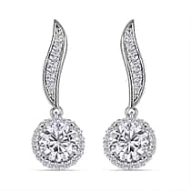 RADIANTA GRA Certified Moissanite Curved Stem Halo Earrings with Push Back in Rhodium Overlay Sterling Silver 1.89 Ct.