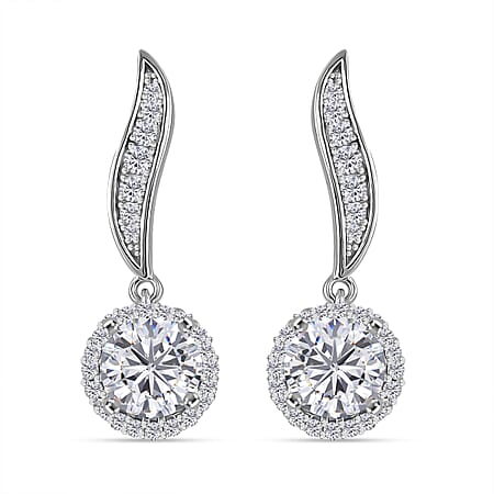 RADIANTA GRA Certified Moissanite Dangling Earrings with Push Back in Rhodium Overlay Sterling Silver 1.89 Ct.