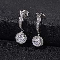 RADIANTA GRA Certified Moissanite Curved Stem Halo Earrings with Push Back in Rhodium Overlay Sterling Silver 1.89 Ct.