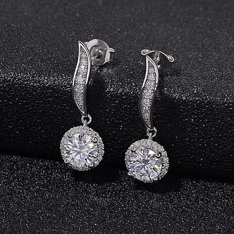 Premium D Colour VVS1 - Moissanite GRA Certified Dangling (VVS1-D) Earrings with Push Back in Rhodium Overlay Sterling Silver 1.89 Ct.