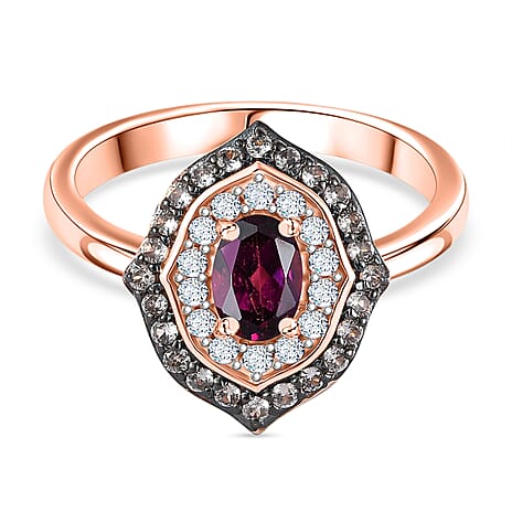 Radiant Ember Garnet, White Zircon & Champagne Zircon Ring in 18K Vermeil Rose Gold Plated Sterling Silver 1.22 Ct.