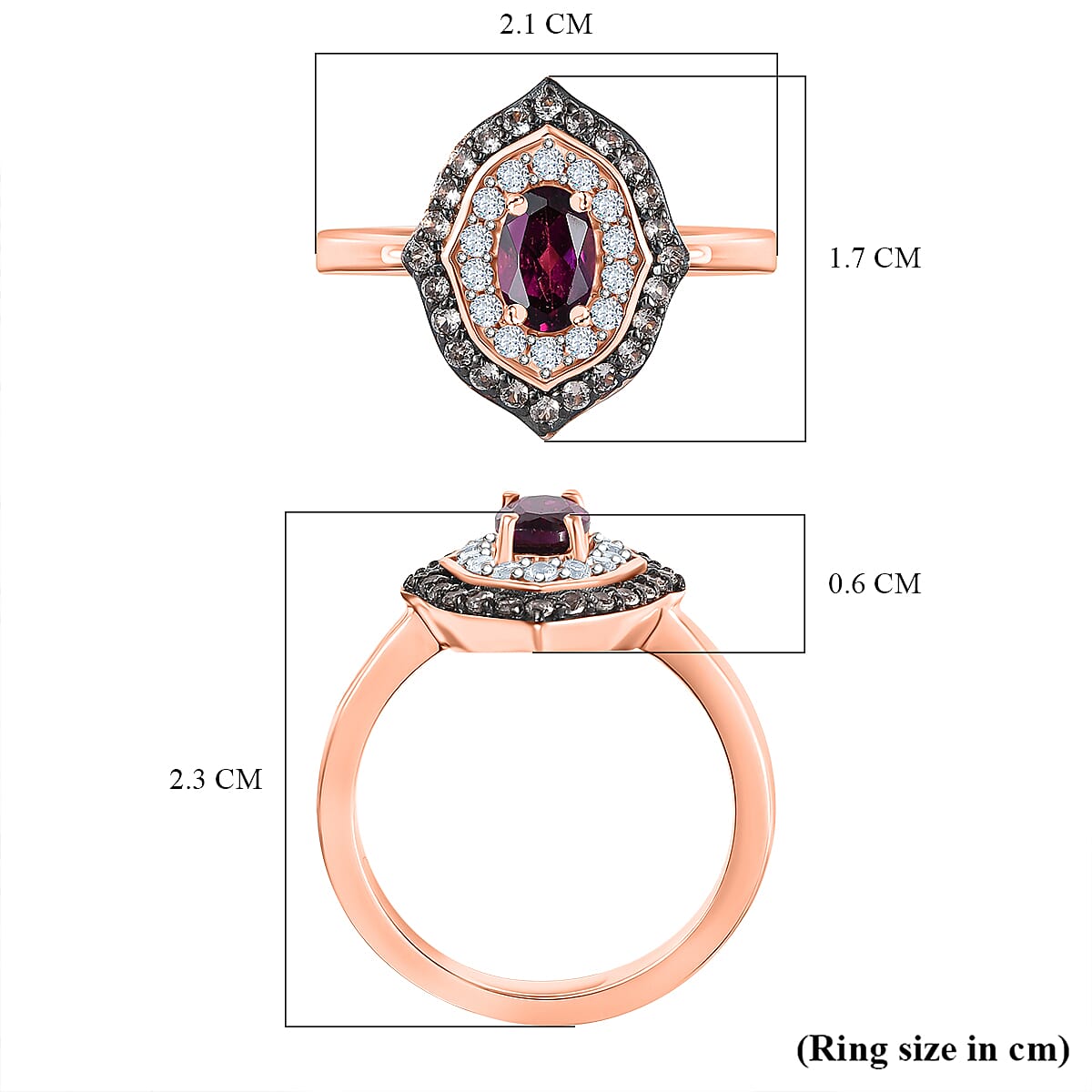 Radiant Ember Garnet, White Zircon & Champagne Zircon Ring in 18K Vermeil Rose Gold Plated Sterling Silver 1.22 Ct. Radiant Ember Garnet, White Zircon & Champagne Zircon Ring in 18K Vermeil Rose Gold Plated Sterling Silver 1.22 Ct.