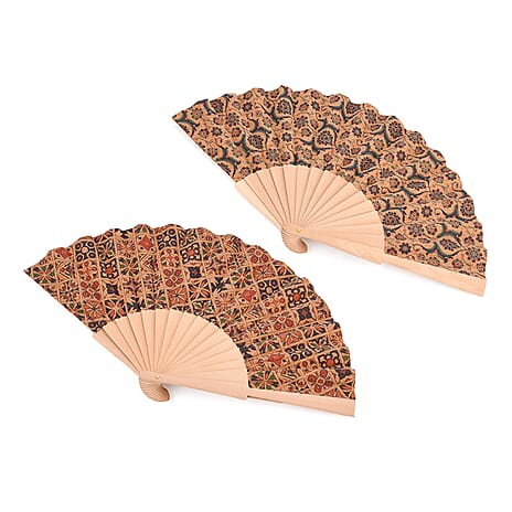 Set of 2- Multicolour Floral Design Soft Wood Folding Hand Fans Or Wall Art (23cm)